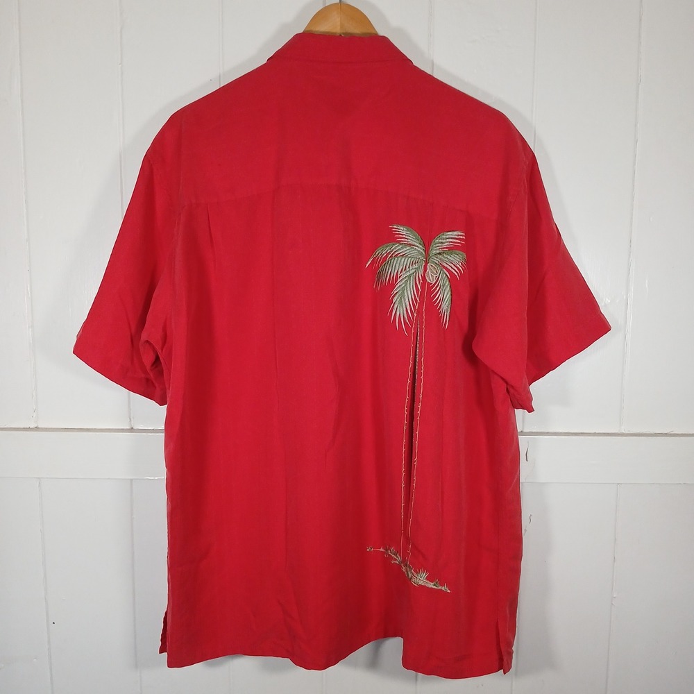 Bamboo Cay Button Up Shirt Mens Medium Red Palm Tree Embroidered Modal Blend
